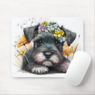 Alfombrilla De Ratón Flores de acuarela y cachorro de schnauzer