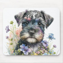 Flores de acuarela y cachorro de schnauzer