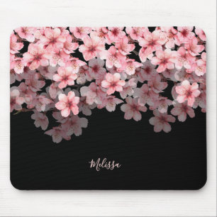 Alfombrilla De Ratón Flores de Cerezo Acuarela Negro Rosa   Tu Nombre