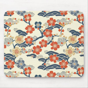 Alfombrilla De Ratón Flores de ciruela Ume japonesas crema ola azul mar