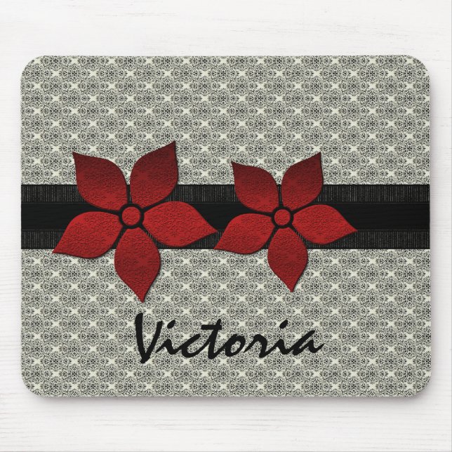 Alfombrilla De Ratón Flores de Damask Mousepad de borde a rayas (Frente)