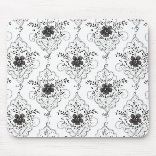 Alfombrilla De Ratón Flores de encaje falso blanco y negro (Frente)