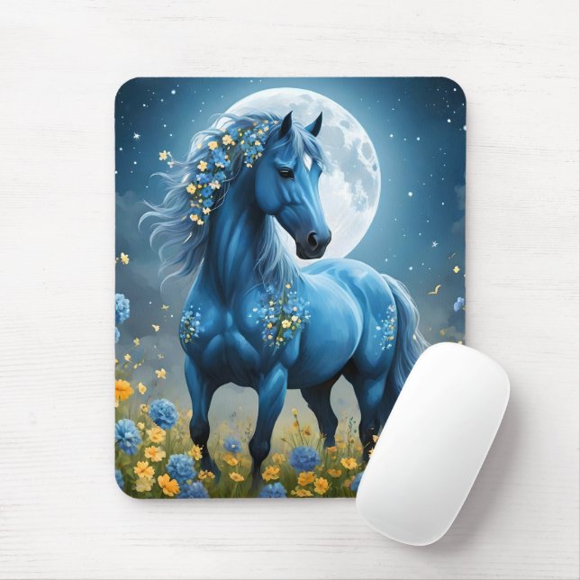 Alfombrilla De Ratón Flores de luna de caballo mágico azul, (Con ratón)