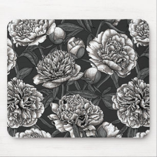 Alfombrilla De Ratón Flores de peonía blanca en gris oscuro