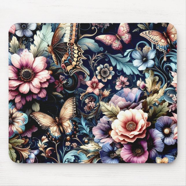 Alfombrilla De Ratón Flores de primavera y mariposas antiguas (Frente)