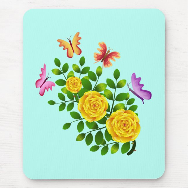 Alfombrilla De Ratón Flores De Rosa Amarilla Y Mariposas-64567 (Frente)