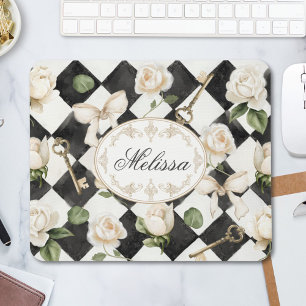 Alfombrilla De Ratón Flores de Rosa Vintage Monograma Diamante Blanco N
