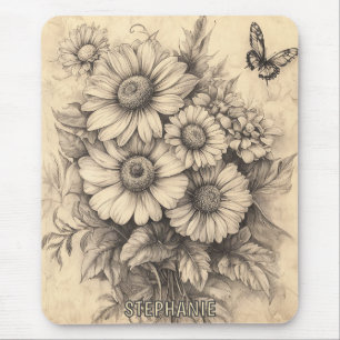 Alfombrilla De Ratón Flores de sol y mariposa - Papel de edad rústica