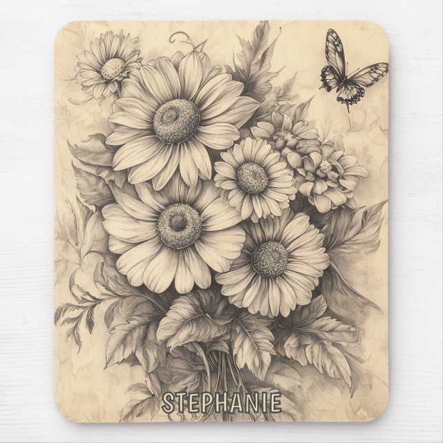 Alfombrilla De Ratón Flores de sol y mariposa - Papel de edad rústica (Frente)