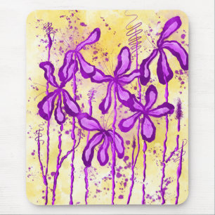 Alfombrilla De Ratón Flores de tinta abstracta morada amarilla