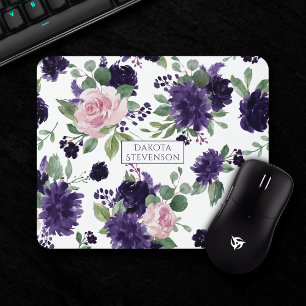 Alfombrilla De Ratón Flores   Monograma del patrón púrpura y rosa