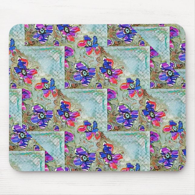 Alfombrilla De Ratón Flores moradas y azules cuadrados Zigzags (Frente)