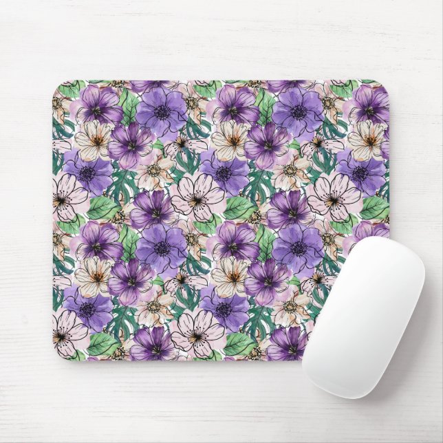 Alfombrilla De Ratón Flores moradas y rosas (Con ratón)
