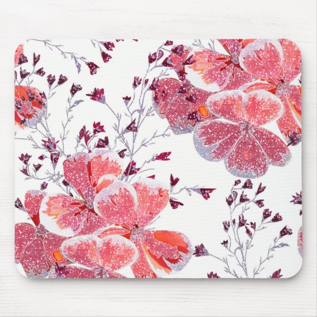 Alfombrilla De Ratón Flores rojas rosadas sobre blanco. (Frente)