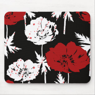 Alfombrilla De Ratón Flores rojas y blancas en negro.