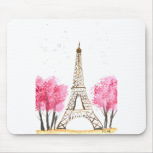 Alfombrilla De Ratón Flores rosa elegantes acuarela Torre Eiffel París