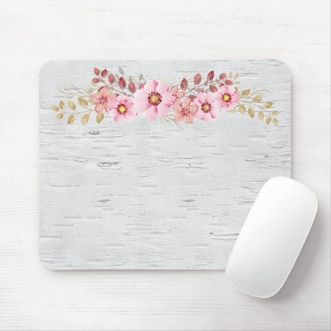 Alfombrilla De Ratón Flores Rosadas Sobre El Pájaro Blanco (Con ratón)