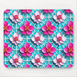 Alfombrilla De Ratón Flores rosadas sobre un fondo azul geométrico