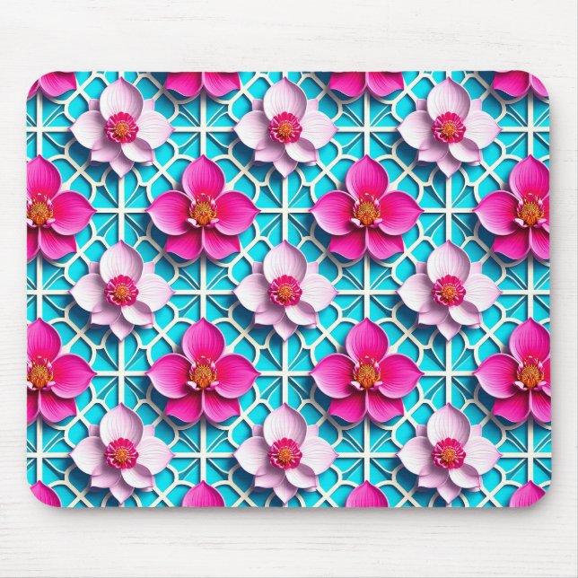 Alfombrilla De Ratón Flores rosadas sobre un fondo azul geométrico (Frente)
