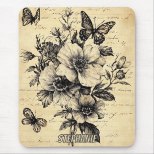 Alfombrilla De Ratón Flores rusticas y mariposa - Papel de edad (9)