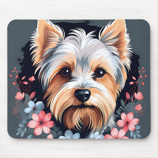 Alfombrilla De Ratón Flores Terrier de Cute Dog Yorkshire (Frente)