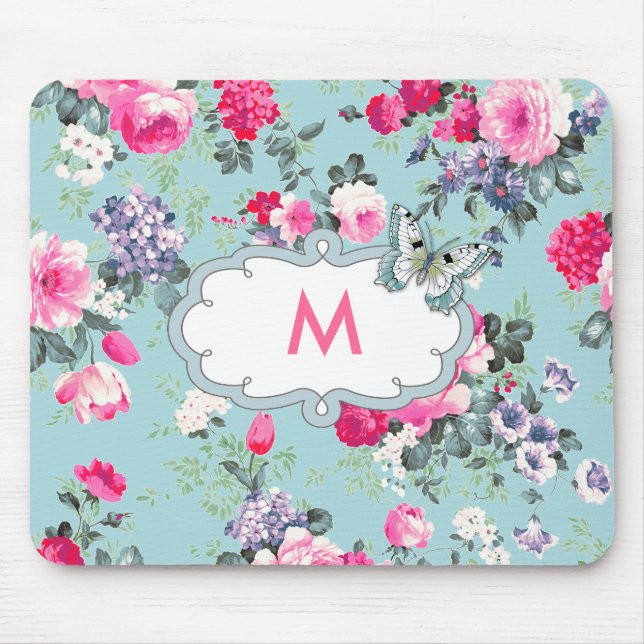Alfombrilla De Ratón Flores y mariposa | Regalo de monograma Personaliz (Frente)