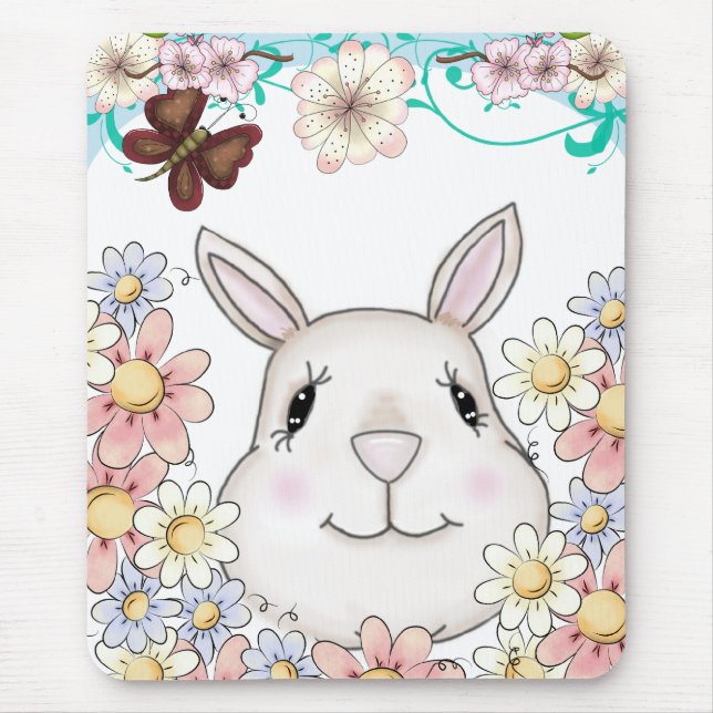 Alfombrilla De Ratón Flores y mariposas de conejo conejo (Frente)