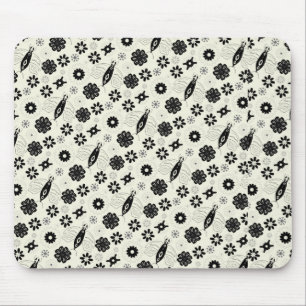 Alfombrilla De Ratón Flores y mariposas patrón negro y blanco