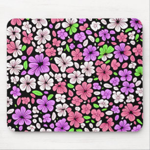 Alfombrilla De Ratón Flores y Pétalos Morados y Rosados Patrón Negro