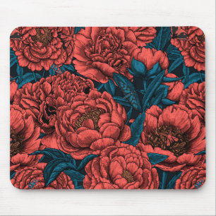 Alfombrilla De Ratón Flores y polillas de peonía roja