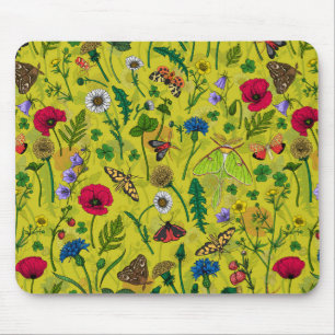 Alfombrilla De Ratón Flores y polillas silvestres en verde