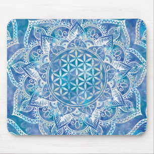 Alfombrilla De Ratón Flower of Life in Lotus - Watercolor Blue