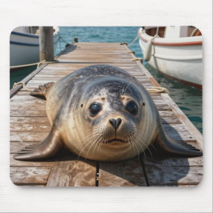Alfombrilla De Ratón Foca bonita acostada en el muelle de un barco