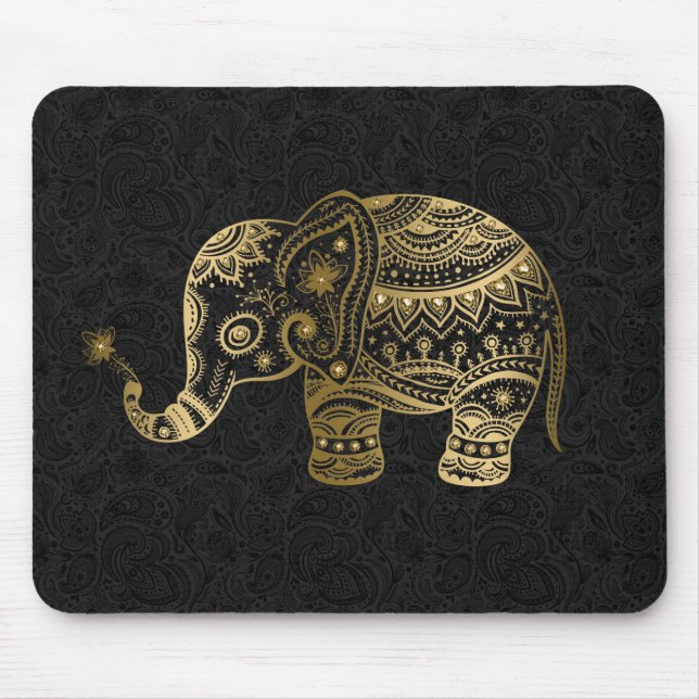 Alfombrilla De Ratón Fondo negro de elefante floral dorado (Frente)