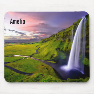 Alfombrilla De Ratón Foto de la cascada islandesa verde naturaleza