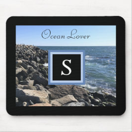Alfombrilla De Ratón Foto de olas y rocas marco inicial negro