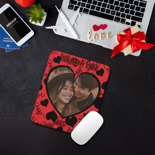 Alfombrilla De Ratón Foto personalizada | Patrón rojo con nombres perso (Custom Photo | Red Pattern with Personalize names Mouse Pad)