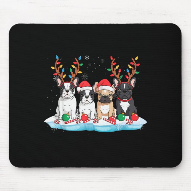 Alfombrilla De Ratón Four French Bulldog Dogs Christmas Light Reindeer  (Frente)