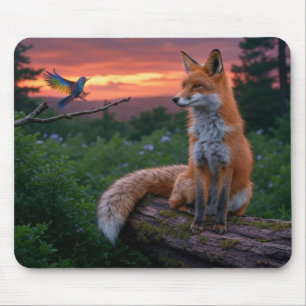 Alfombrilla De Ratón Fox y Bird al atardecer en la escena forestal