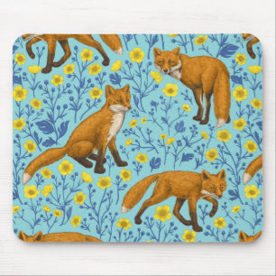 Alfombrilla De Ratón Foxes y mariposas en azul de la piscina