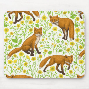 Alfombrilla De Ratón Foxes y mariposas en blanco natural