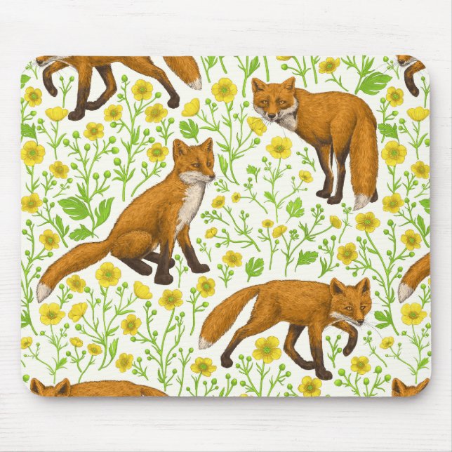 Alfombrilla De Ratón Foxes y mariposas en blanco natural (Frente)