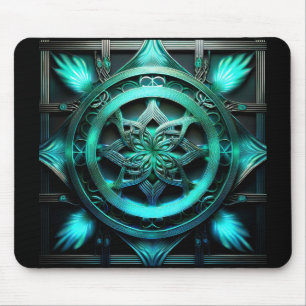 Alfombrilla De Ratón Fractal de estilo mandala azul ártico en marco