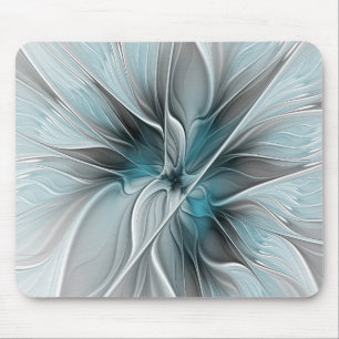 Alfombrilla De Ratón Fractal floral moderno abstracto flor azul gris