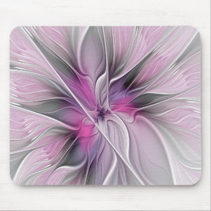 Alfombrilla De Ratón Fractal Floral Moderno Abstracto Flor Rosa Gris
