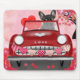 Alfombrilla De Ratón French Bulldog Coche con Corazones de San Valentín