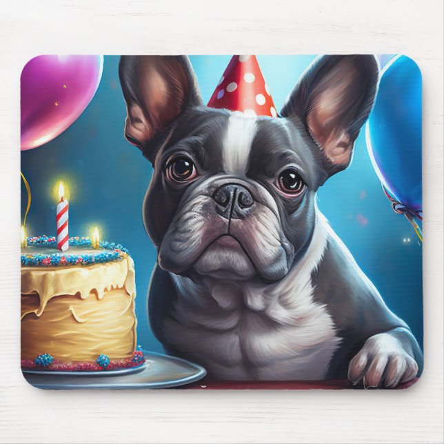 Alfombrilla De Ratón Frenchie Birthday Bash: Un lindo Bulldog francés (Frente)