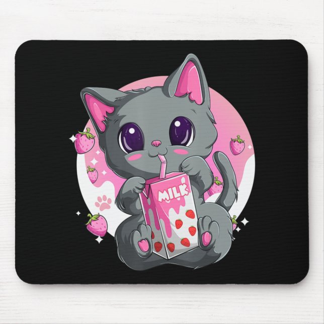 Alfombrilla De Ratón Fresa Leche Para Mujeres Chicas Kawaii Anime Cat (Frente)