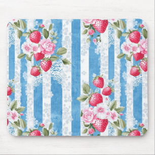 Alfombrilla De Ratón Fresas y flores antiguas en franjas azules