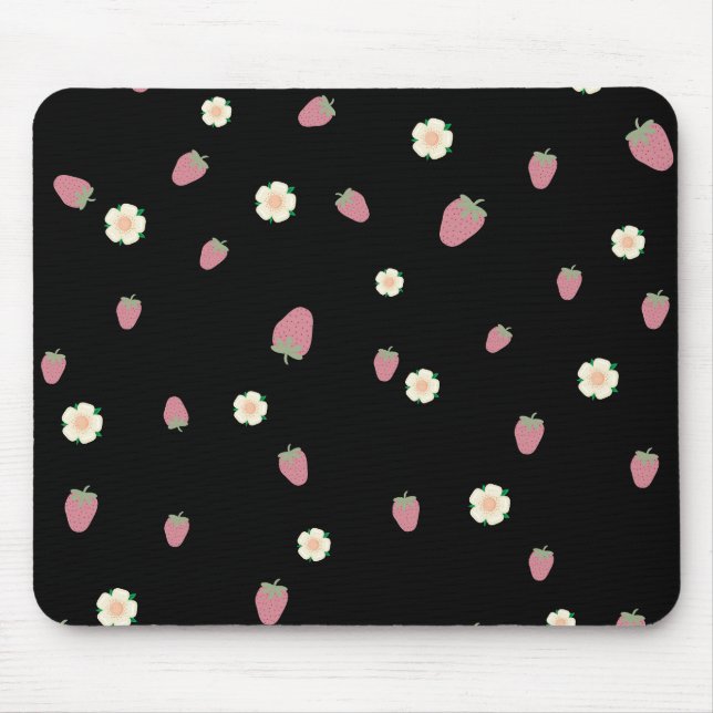 Alfombrilla De Ratón Fresas y flores Patrón negro (Frente)